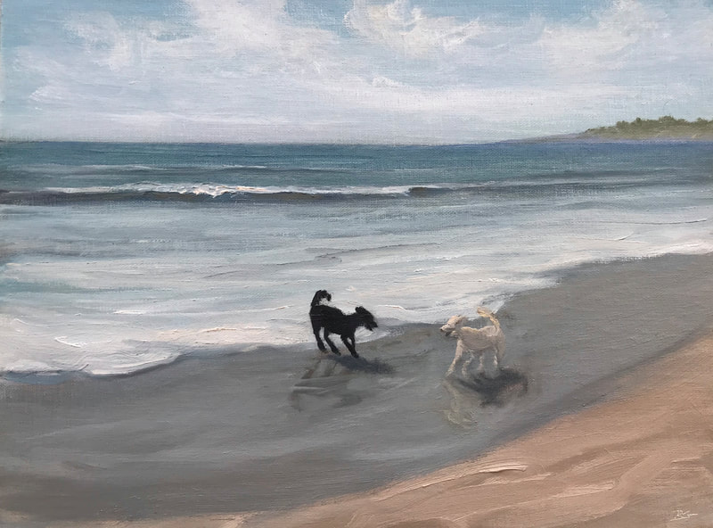 Ocean Doodles, Santa Barbara County, CA -  Labradoodles playing at the beach Landscape painting. 